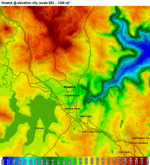 Zoom OUT 2x Howick, South Africa elevation map