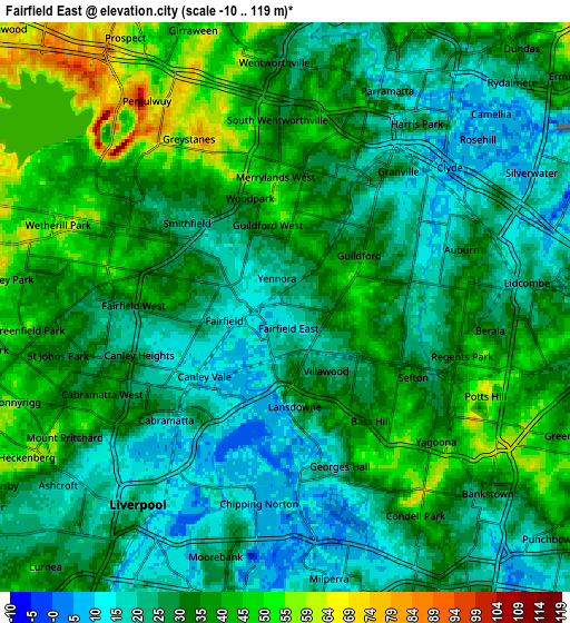 Zoom OUT 2x Fairfield East, Australia elevation map