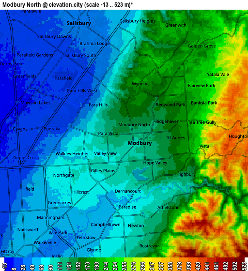 Zoom OUT 2x Modbury North, Australia elevation map