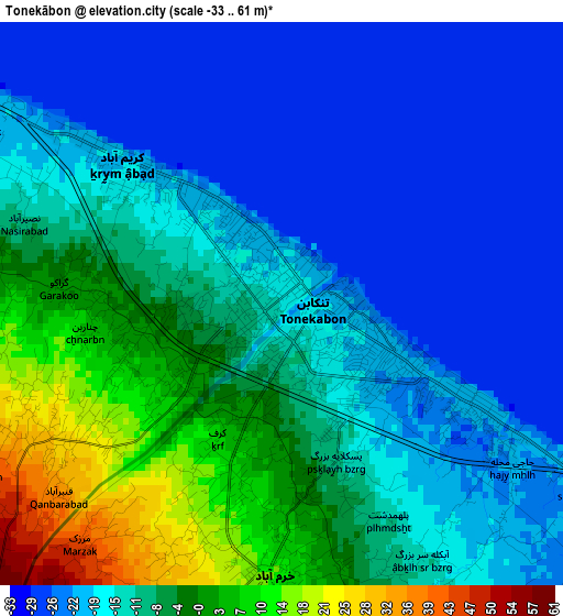 Tonekābon elevation map