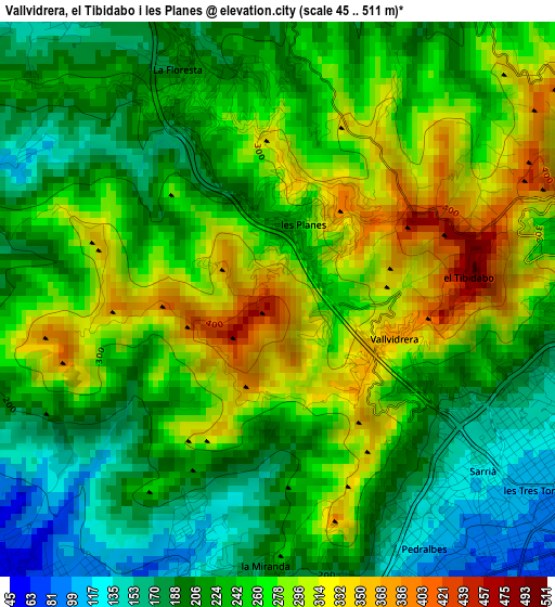 Vallvidrera, el Tibidabo i les Planes elevation map