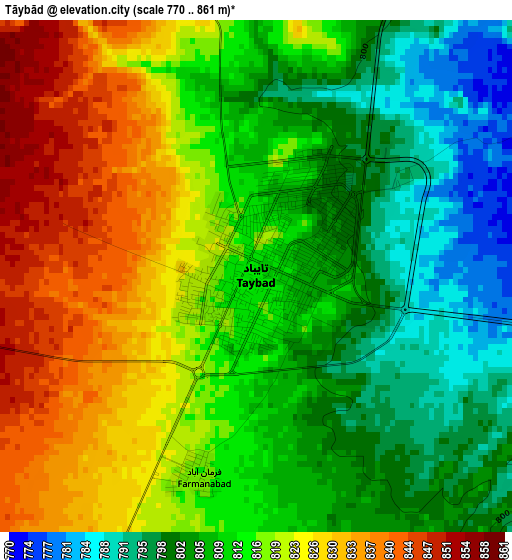 Tāybād elevation map