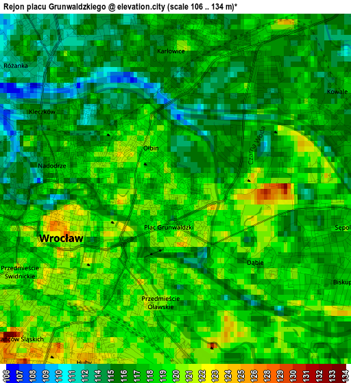 Rejon placu Grunwaldzkiego elevation map