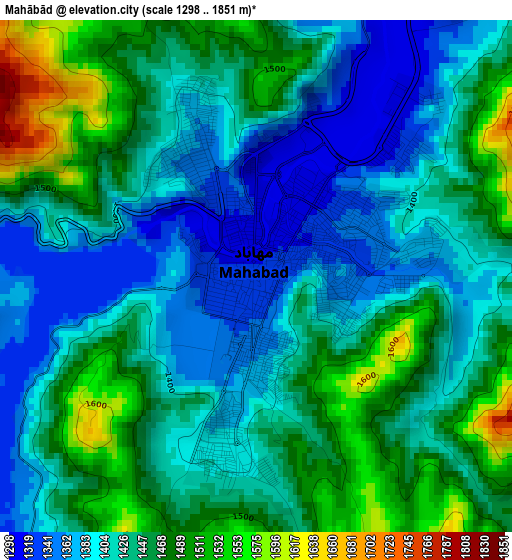 Mahābād elevation map