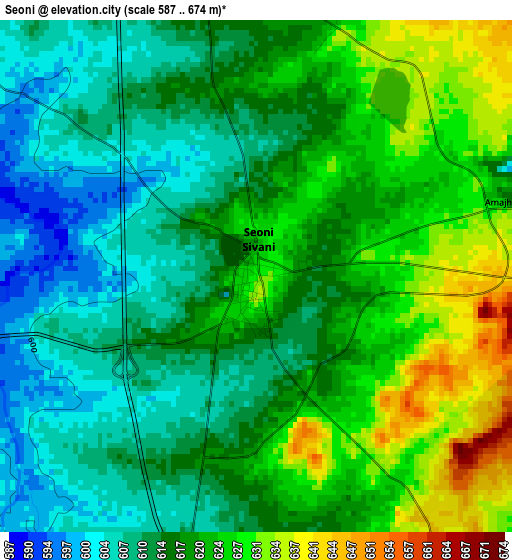 Seoni elevation map