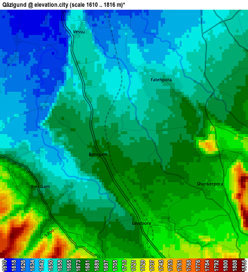 Qāzigund elevation map