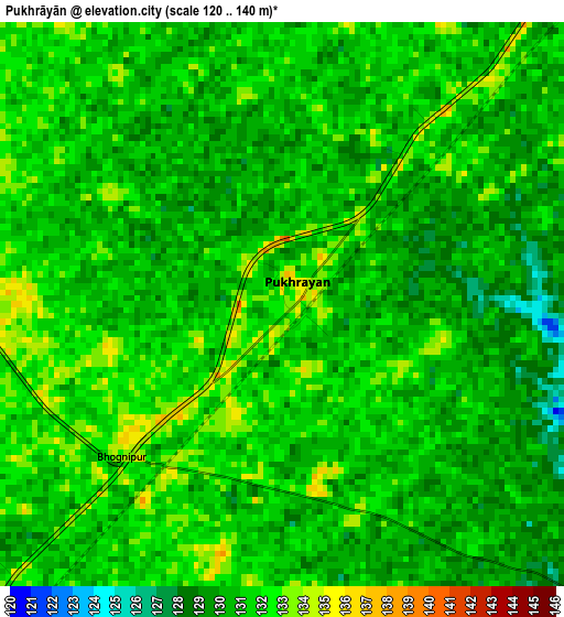 Pukhrāyān elevation map
