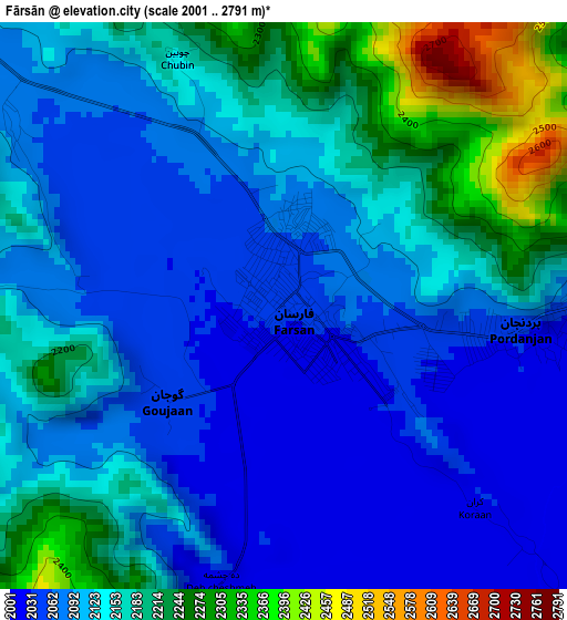 Fārsān elevation map