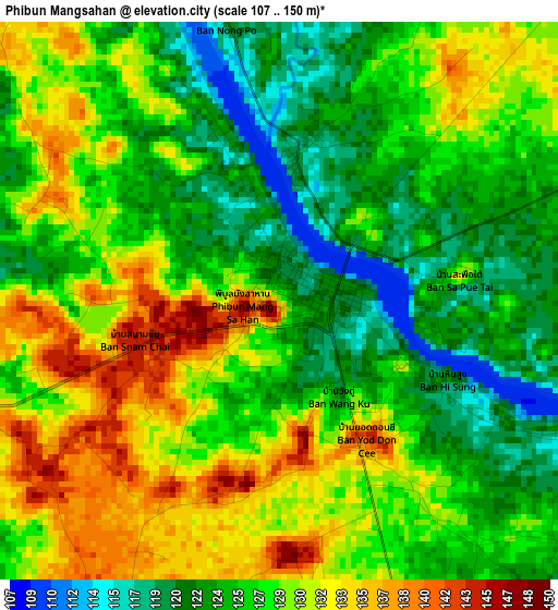 Phibun Mangsahan elevation map