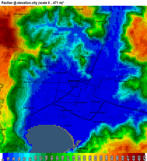 Pacitan elevation map