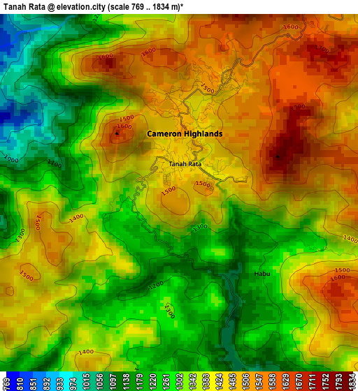 Tanah Rata elevation map