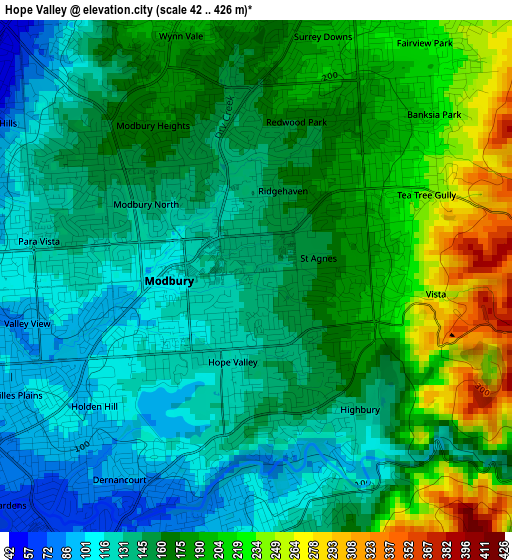 Hope Valley elevation map