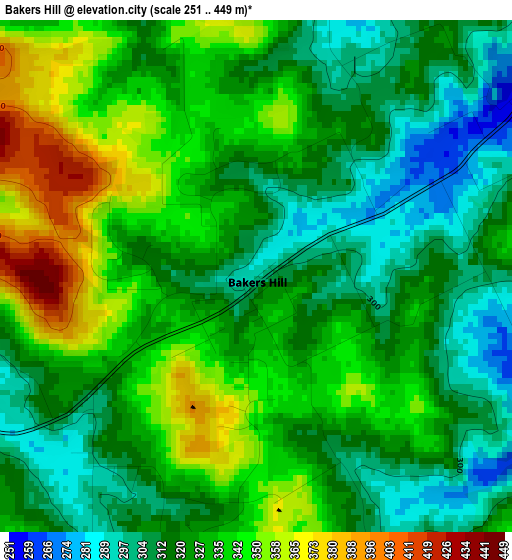 Bakers Hill elevation map