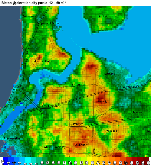 Bicton elevation map