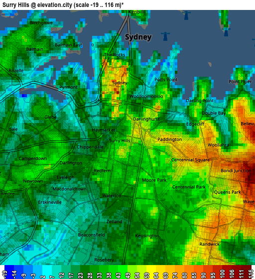 Surry Hills elevation map