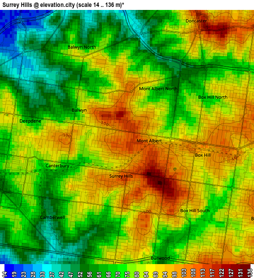 Surrey Hills elevation map