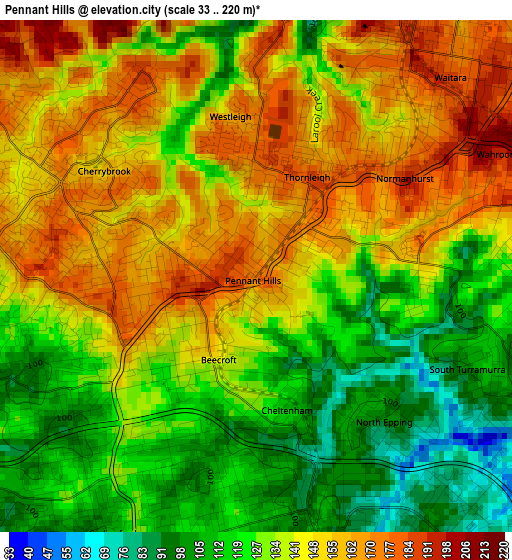 Pennant Hills elevation map