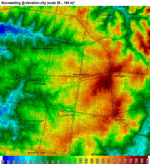 Nunawading elevation map