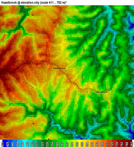 Hazelbrook elevation map