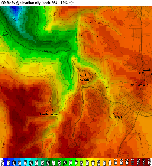 Qīr Moāv elevation map