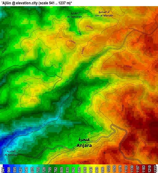 ‘Ajlūn elevation map