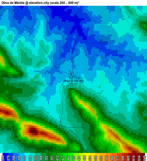 Oliva de Mérida elevation map