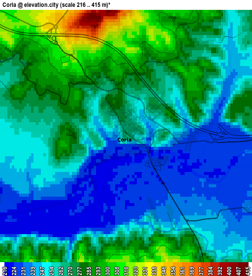 Coria elevation map