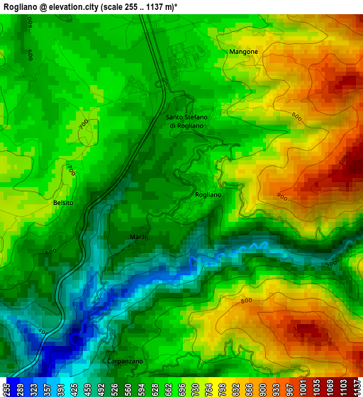 Rogliano elevation map