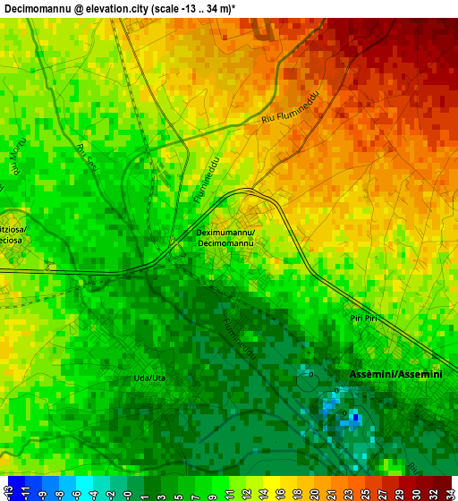 Decimomannu elevation map