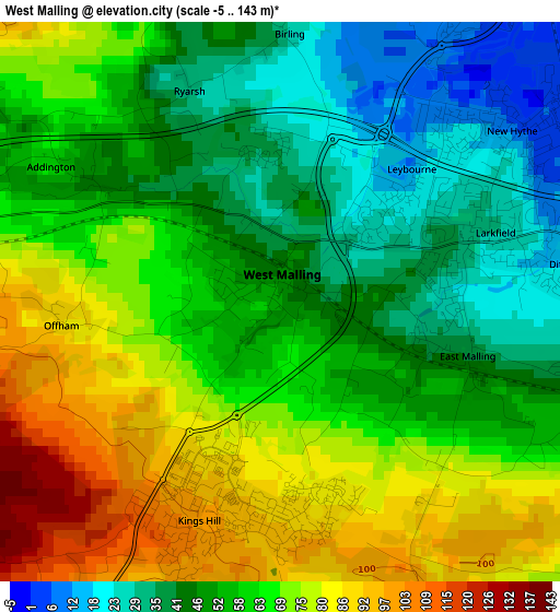 West Malling elevation map