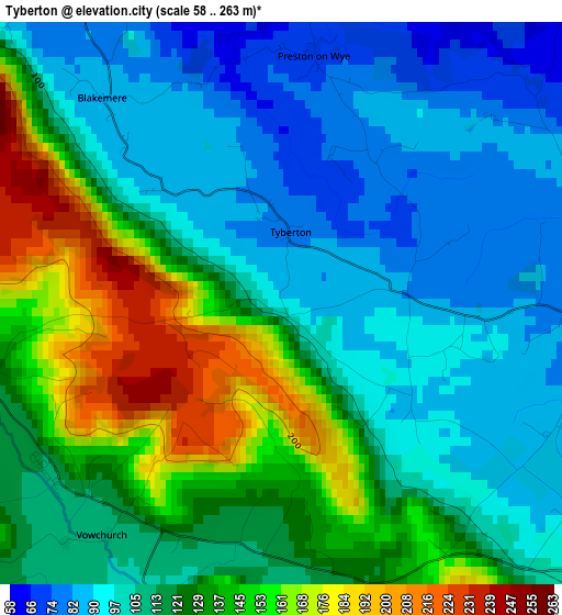 Tyberton elevation map