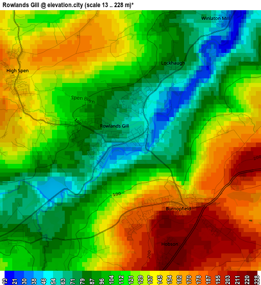 Rowlands Gill elevation map