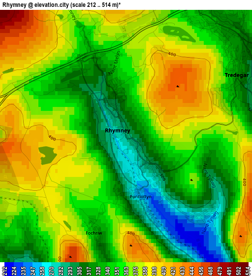 Rhymney elevation map