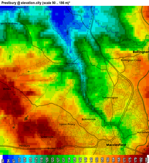 Prestbury elevation map