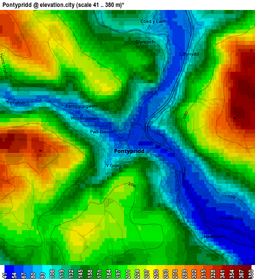 Pontypridd elevation map