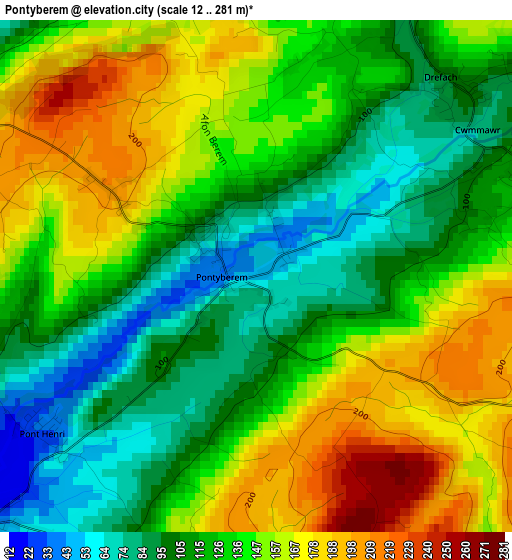 Pontyberem elevation map