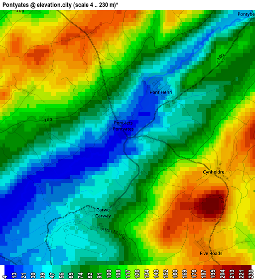 Pontyates elevation map