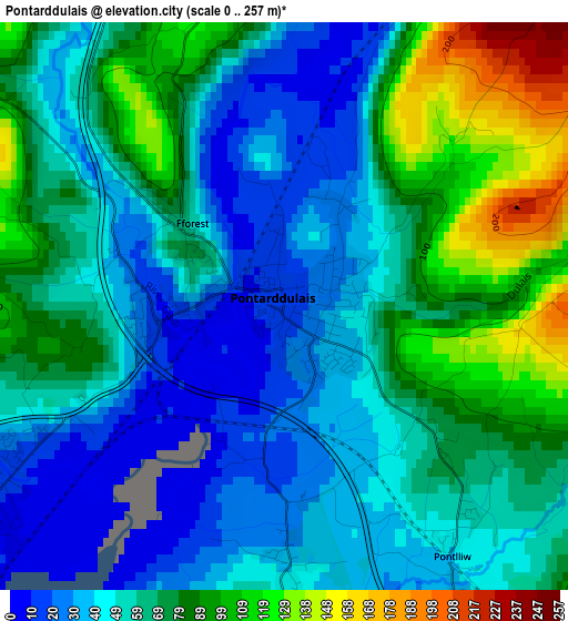 Pontarddulais elevation map