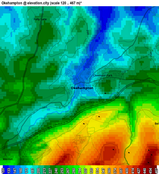 Okehampton elevation map