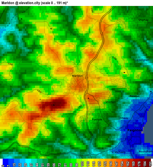 Marldon elevation map