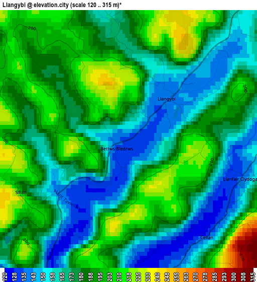 Llangybi elevation map