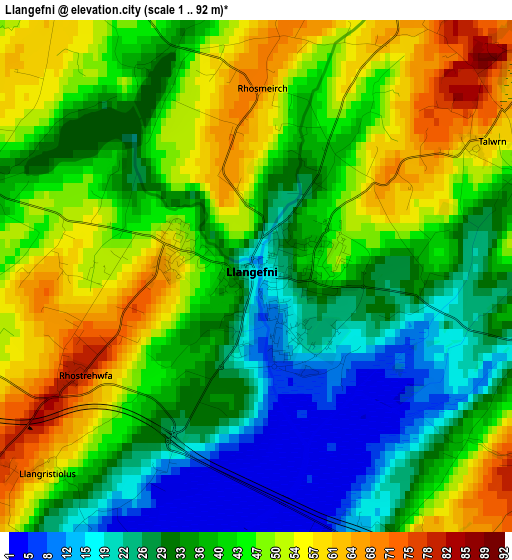 Llangefni elevation map