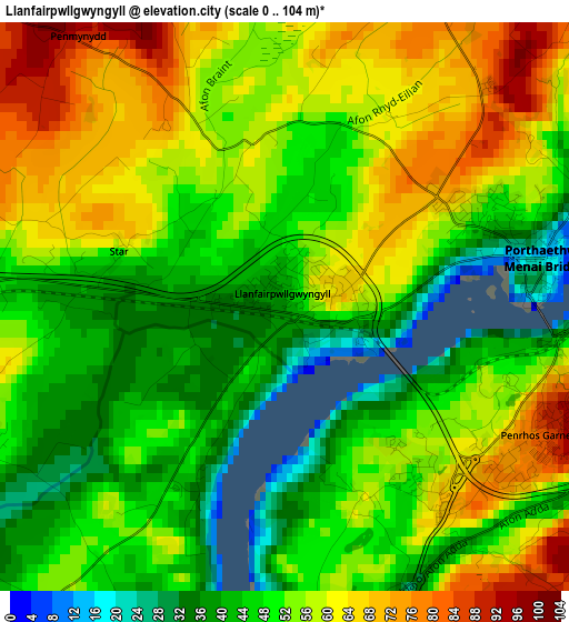 Llanfairpwllgwyngyll elevation map
