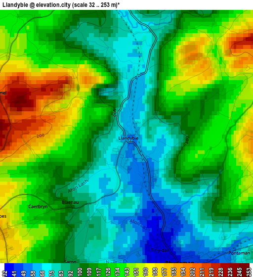 Llandybie elevation map