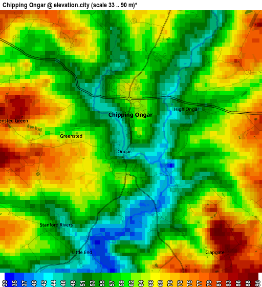 Chipping Ongar elevation map