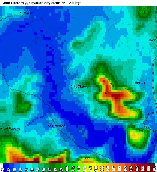 Child Okeford elevation map