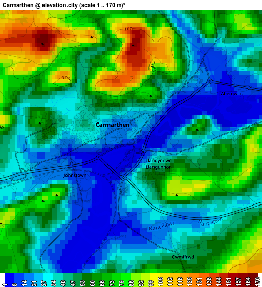 Carmarthen elevation map