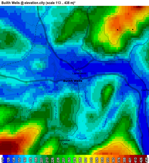 Builth Wells elevation map