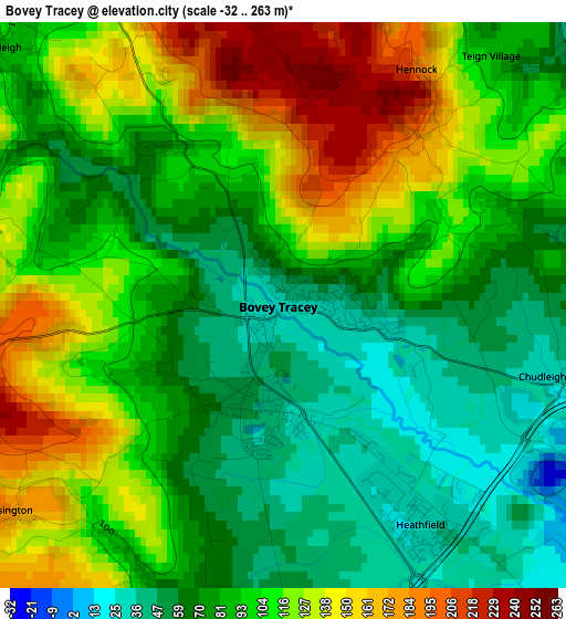 Bovey Tracey elevation map