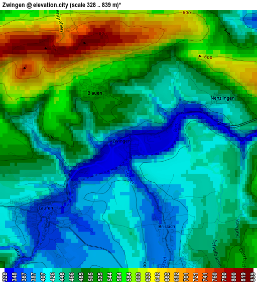 Zwingen elevation map